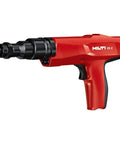 Powder Actuated Fastening Tool for Drywall Tracks and Concrete Pro Grade with Tight Space Reach, shown in red and black.