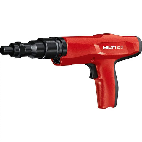 Powder Actuated Fastening Tool for Drywall Tracks and Concrete Pro Grade with Tight Space Reach, shown in red and black.