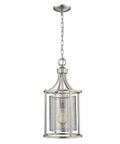 Delvelda One Light Pendant In Matte Nickel, 21-Inch Industrial Steel Cage Fixture for modern kitchens hanging from ceiling.