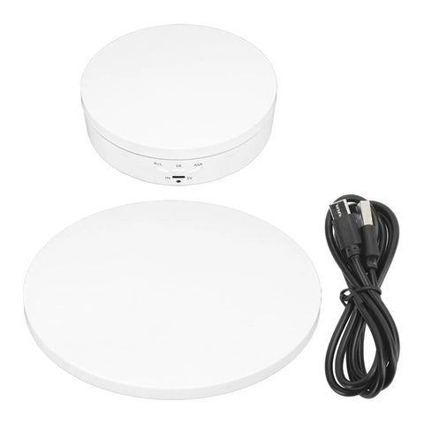 Super Quiet 3 Speed Electric Rotating Turntable For Stunning Product Photos And Live Streaming With 360 Degree Motorized Stand And Battery Power, with USB cable and top view.