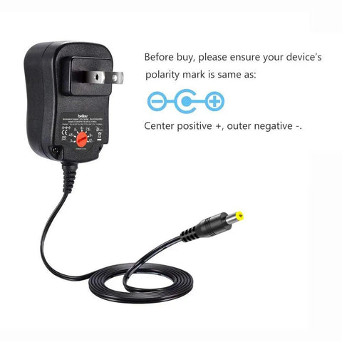 Versatile 12W Universal ACDC Power Adapter With Eight Tip Sizes, Adjustable 3V To 12V DC Output, 1000mA Max, shown with plug and cord