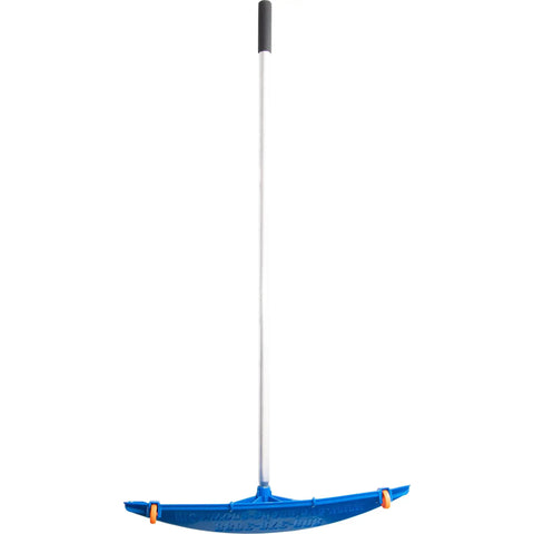 Heavy Duty Extendable Roof Snow Rake With Gliding Rubber Wheels And Lightweight Aluminum Handle, blue rake head with pole.
