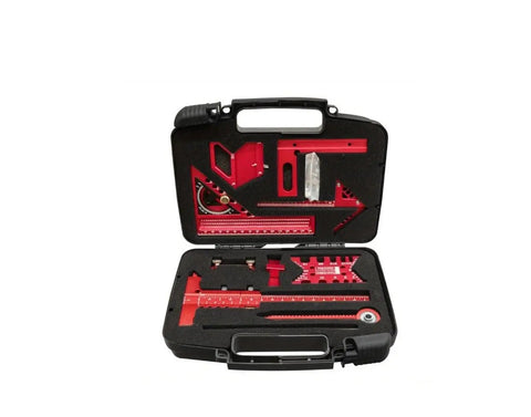 Pro Grade Woodworking Measuring and Scribing Tool Set in Aluminum Alloy, 9 or 10 Piece Precision Layout Kit with durable storage box.