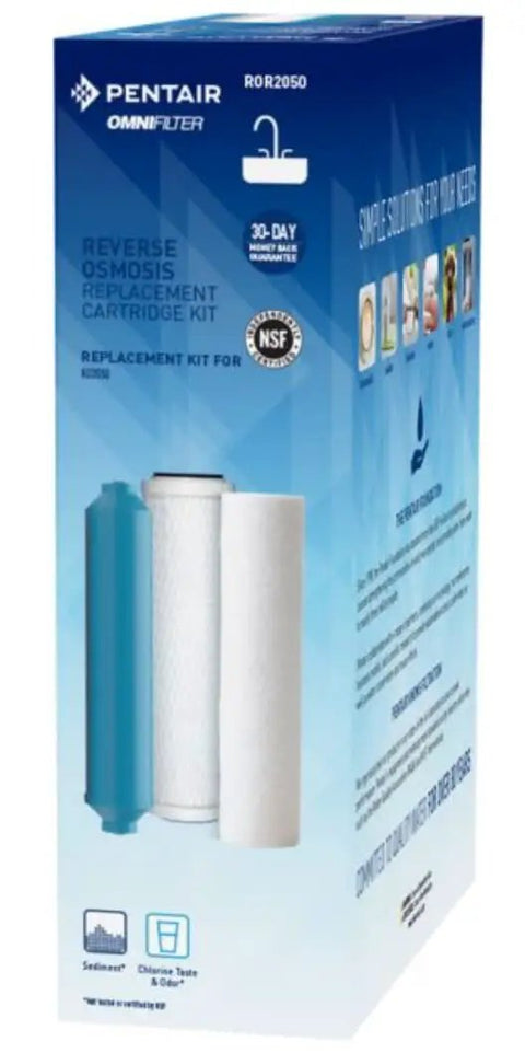 OMNIFilter RO2050 Reverse Osmosis Replacement Cartridge Kit box with image of included cartridges and text description.