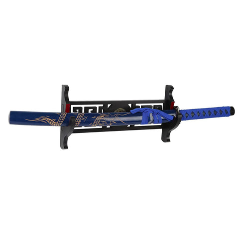 All Black Velvet Padded Katana Wall Mount Rack One Tier Sword Display Stand holding blue samurai wakizashi against white backdrop