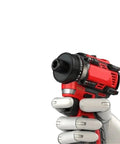 Knockout Brushless Cordless Electric Drill Powered By 16 Point 8 Volt Lithium Battery held in hand showing detail of drill head and grip.