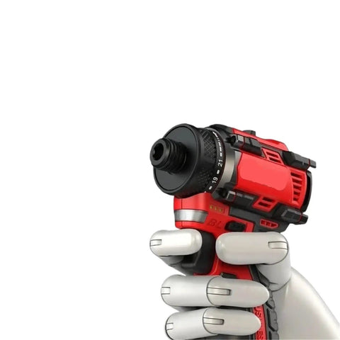 Knockout Brushless Cordless Electric Drill Powered By 16 Point 8 Volt Lithium Battery held in hand showing detail of drill head and grip.