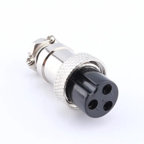Close-up of the metal connector from the Beefy 3 Pin Aviation Plug Socket Set For Panel Mount, Metal Wire Connector With Screw Type Male And Female Contacts, 400V 5A, Industrial Aviation Connector For DIY Projects, Marine And Workshop Use