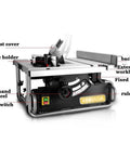 Close-up of Portable Benchtop Table Saw With 5500 Rpm High Speed Motor showing parts like angle holder, dust cover, and workbench.