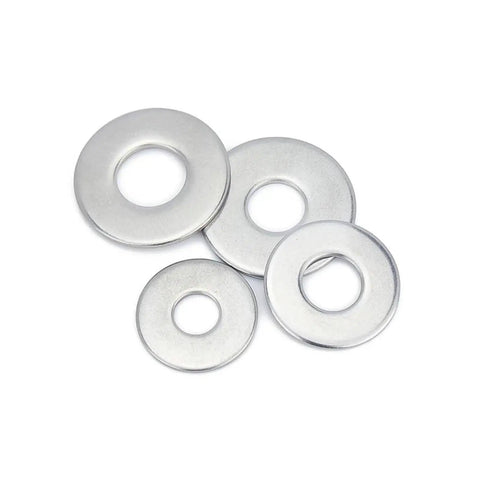 100-Piece 304 Stainless Steel Flat Washer Set Assortment With Inner Diameters From M1.6 To M30 And Multiple Outer Diameters Durable Gasket Kit For Mechanical Automotive And Home Hardware Projects, close-up of flat washers