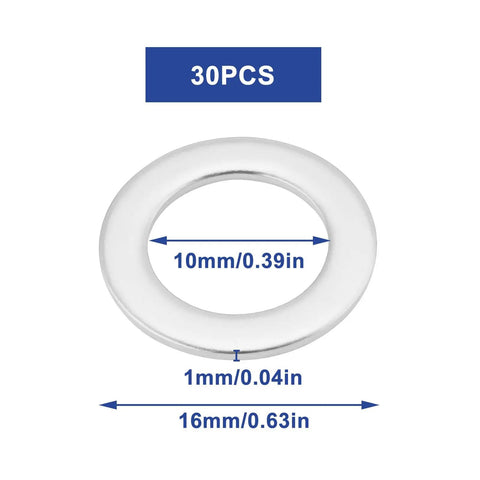 30Pcs Flat Washers 304 Stainless Steel 10x16x1mm Door Hinge Gaskets, single washer with size labels, silver finish.