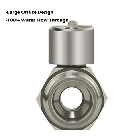 Showerhead Shut Off Valve With Stainless Handle Mini Ball Valve Chrome Finish 304 Stainless Steel Half Inch NPT Thread Female To Male Connection Water Flow Regulator For Shower Head And RV showing large orifice design.
