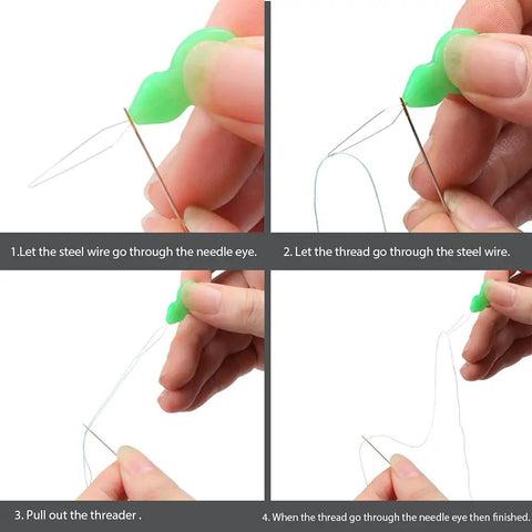Hands using colorful needle threaders set of 20 for hand and machine sewing tools for crafting knitting quilting DIY art quick threading