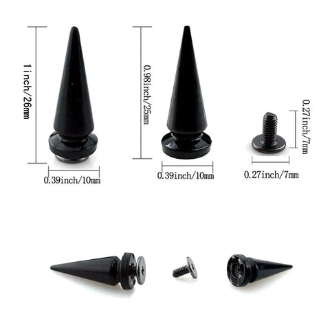 40 Pair Kickass Black Cone Spikes Punk Rivets Hardware Kit With Matching Screws And Heavy Duty Metal Bullet Studs in various angles