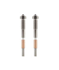 Two bimetal zero point six millimeter nozzles with copper alloy body and hardened steel tip for 370C high-temperature 3D printing.