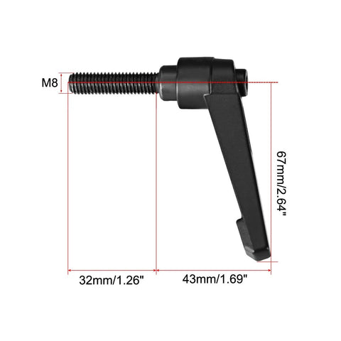 Adjustable Clamping Lever Handle Set M8 X 32mm Black Oxide Carbon Steel Male Threaded Stud, side view with dimensions