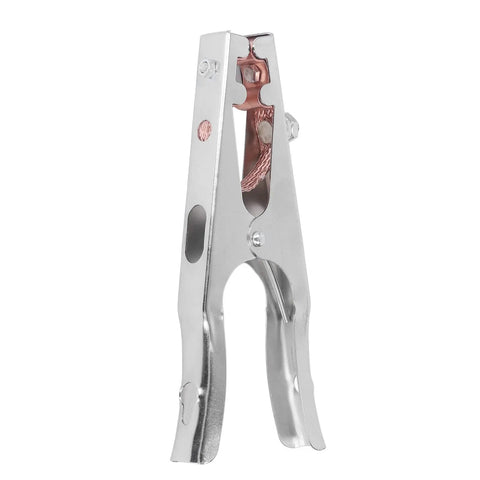 Heavy Duty 800A Earth Clamp For Welding Jobs With Copper Jaw Grip, Industrial Grade Ground Cable Connector on silver clamp.