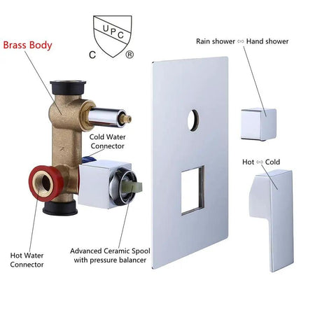 Wall Mounted Rainfall Shower System With 10 Inch Rain Shower Head And Handheld Kit Chrome Finish Rough In Valve components