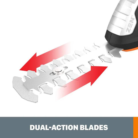2 In 1 Cordless Hedge Trimmer And Grass Shear Kit With 4 Inch Grass Blade And 8 Inch Shrub Blade Battery And Charger Not Included Lightweight Easy To Maneuver PowerShare Compatible Two Tools In One showing dual-action blades close-up