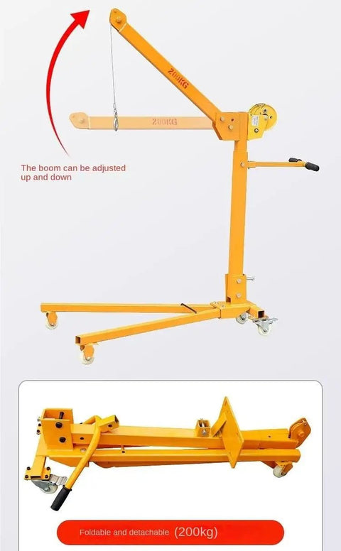 Tough As Nails Mobile Small Crane, Silent Rubber Casters That Glide Like Butter, adjustable yellow manual hoist 200kg capacity.