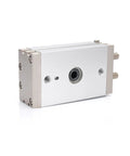 MSQB Series 0–180° swing solid rotary actuator, aluminum body with central bore and two threaded ports (front view)
