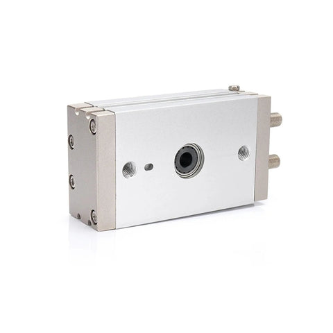 MSQB Series 0–180° swing solid rotary actuator, aluminum body with central bore and two threaded ports (front view)