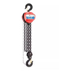 Hella Tough Hand Chain Hoist 2 Ton 4400 Pounds Capacity 19 Foot Lift Height G80 Alloy Chain Dual Swivel Hooks view with chain and hooks.