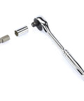 Ratchet wrench with a socket and screw extractor from ASE35D 35 Piece Screw Extractor Set For Drill Bits Broken Bolt Remover And Stripped Fastener Tool Built From Premium CrMo Steel With Aggressive Multiplane Teeth And Left Hand Spiral For Maximum Grip.