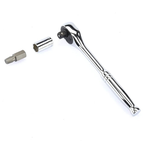 Ratchet wrench with a socket and screw extractor from ASE35D 35 Piece Screw Extractor Set For Drill Bits Broken Bolt Remover And Stripped Fastener Tool Built From Premium CrMo Steel With Aggressive Multiplane Teeth And Left Hand Spiral For Maximum Grip.