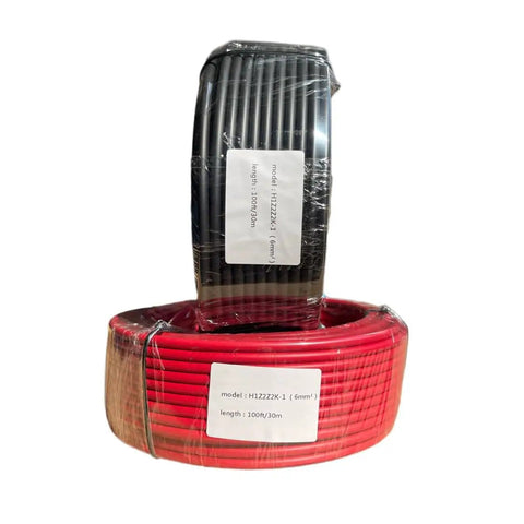 Heavy Duty 100 Ft Solar Extension Cable Set With Black And Red 10 AWG Wire And Six Pairs Solar Connectors For RV And Photovoltaic Systems Perfect For Off Grid DIY Projects Built To Last, showing coiled cables