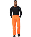 Model wearing Men's Insulated Snow Pants Waterproof Ski Trousers For Winter Hiking With Leg Zippers And Zippered Pockets, Orange Size S.