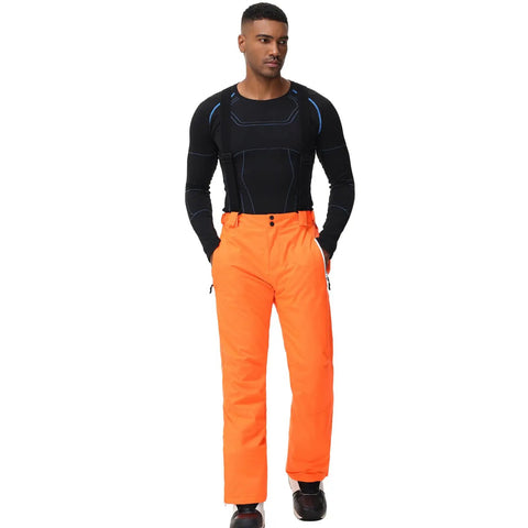 Model wearing Men's Insulated Snow Pants Waterproof Ski Trousers For Winter Hiking With Leg Zippers And Zippered Pockets, Orange Size S.