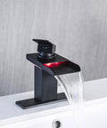 LED Temperature Sensing Matte Black Waterfall Faucet for One Hole Sinks No Sweat Install Vanity Tap with water flowing.