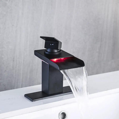 LED Temperature Sensing Matte Black Waterfall Faucet for One Hole Sinks No Sweat Install Vanity Tap with water flowing.
