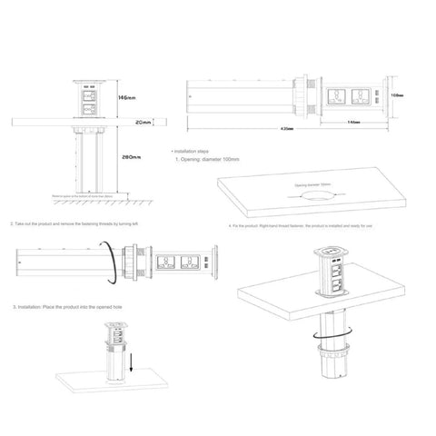Top Shelf Smooth Pop Up Power Strip For Kitchen Island And Home Office Desk installation diagram showing dimensions and setup.