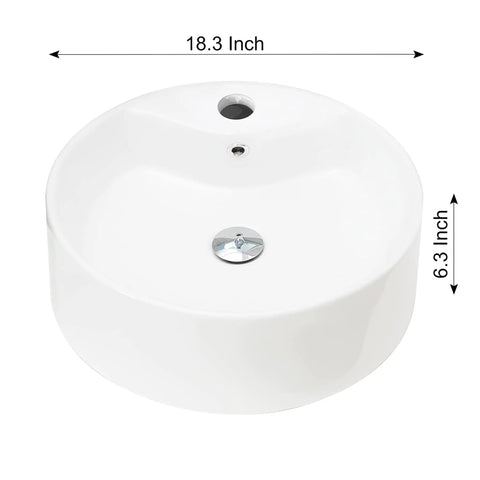 18.3x18.3x6.3 Inch Round White Ceramic Vessel Sink With Faucet And Pop Up Drain, Above Counter Bathroom Basin