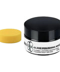 Scratch Remover Kit For Glasses And Screens Polishing Paste with jar and yellow polishing pad for restoring clarity on lenses.