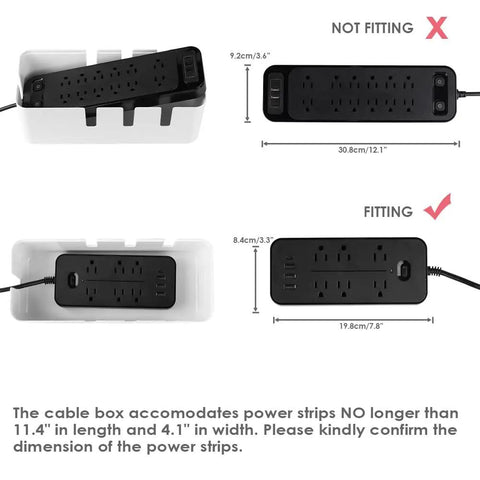 Diagram showing cable box fitting power strip dimensions; fits inside 11.4 by 4.1 inches, ideal for hiding cables neatly.