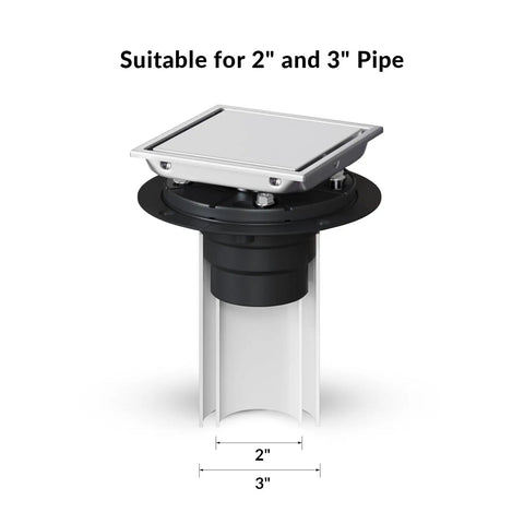 6 Inch Square Shower Drain With Flush Mount Tile Grate And Heavy Duty Hair Catcher Fast Flow Brushed Nickel Stainless Steel showing 2 and 3 inch pipe compatibility.
