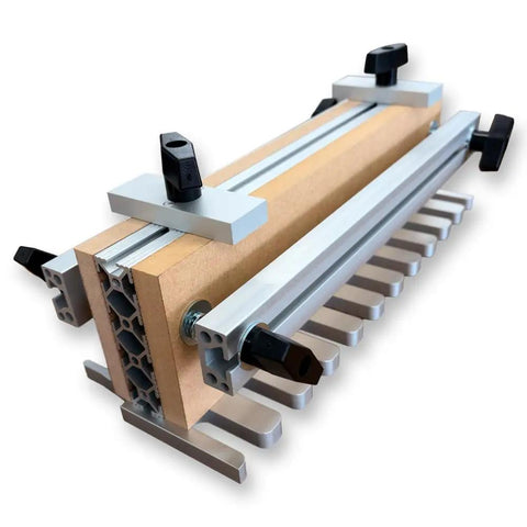 Top Shelf Dovetail Jig Kit For Woodworking Pros Featuring Preassembled Plates Router Bits And Locking Clamps Hella Tough Construction showing close-up of aluminum and MDF materials.