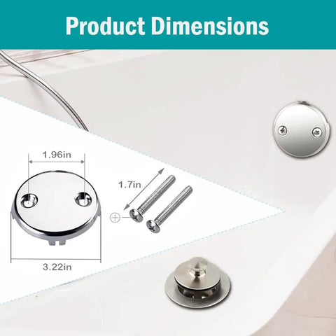 Heavy Duty Stainless Steel Tub Overflow Faceplate With Matched Screws Fitting Standard Bathroom Drains showing dimensions and screws.