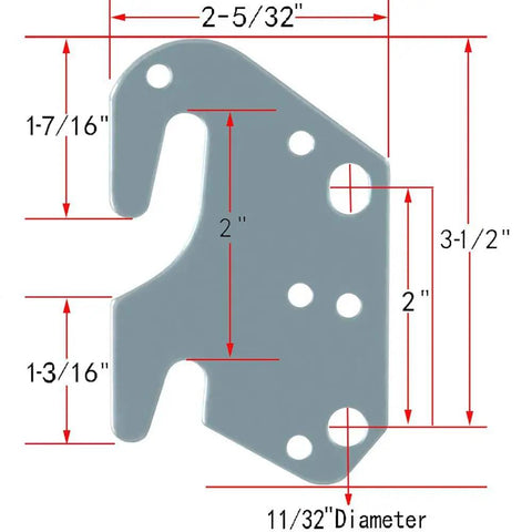 Built Like a Tank Wood Rail Hook Plates for Bed Frame Brackets and Headboard Footboard Replacement Crafted from 13 Gauge Steel Seven Hole Design Fits Most Wooden Beds Quick Fix Set of Four with dimensions shown.