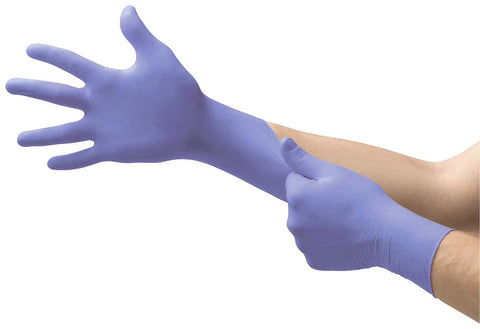 Person wearing Heavy Duty Disposable Nitrile Exam Gloves Latex Free And Powder Free Violet Large size, ready for use.