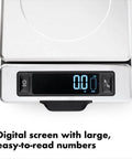 Stainless Steel Kitchen Scale With Pull Out Display, 11 Pound Capacity, digital screen close-up showing large numbers, easy clean black finish.