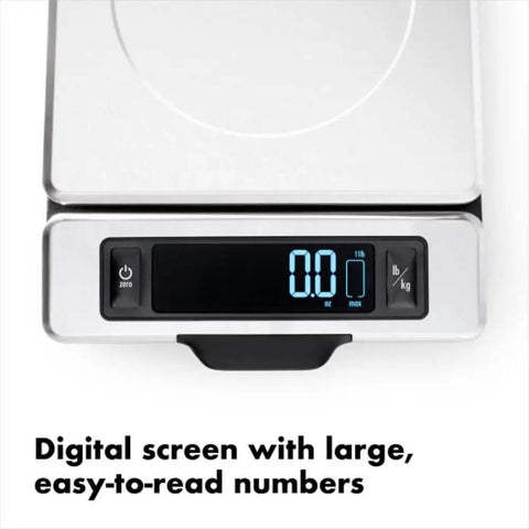 Stainless Steel Kitchen Scale With Pull Out Display, 11 Pound Capacity, digital screen close-up showing large numbers, easy clean black finish.
