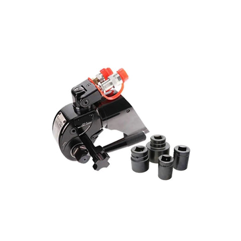 Badass 1 Inch Drive Hydraulic Torque Wrench Handles 433 To 4332 Nm At 700 Bar With Three Percent Accuracy Tough Aluminum Alloy and Steel Build Plus Swivel Hose For Tight Spaces Like A Champ with socket attachments.