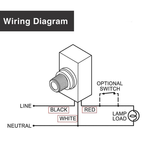 Wiring diagram for Dusk to Dawn Photocell Sensor Switch for Outdoor Lighting, 120V AC Auto Light Control, UL Listed, installation guide.
