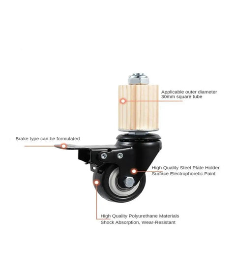 Four Pack 2 Inch Caster Wheels With Brakes For Stainless Steel Furniture, black stem caster showing brake mechanism and 30mm square tube fit