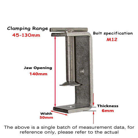 304 stainless steel C-clamp with 140mm jaw opening and screw handle.