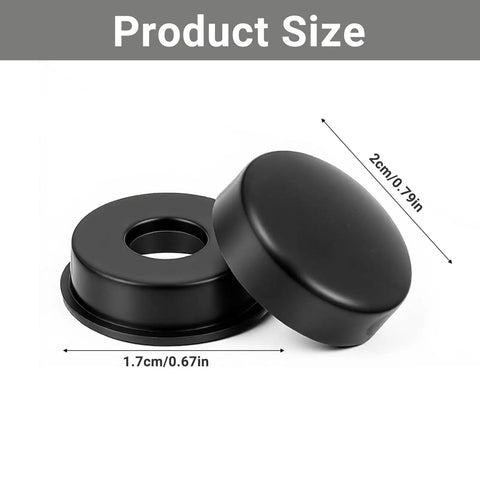Black License Plate Screw Cap Kit With Eight Caps For Frame Bolts, showing size 2cm diameter, durable plastic